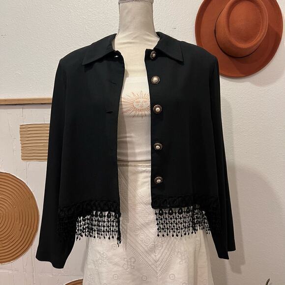 FTLTD Black Vintage 90s Fringe Trim Gold Button Front Cropped Blazer Jacket USA - Picture 1 of 13